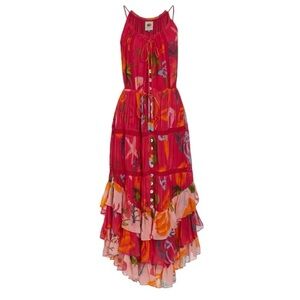 Farm Rio Mixed Fruits Ocean Tiered Sleeveless Ruffle Maxi Midi Dress Small New